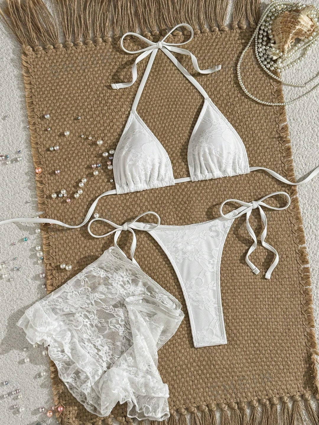 Damen Spitzen-Bikini mit floralem Design und fließendem Rock Drune