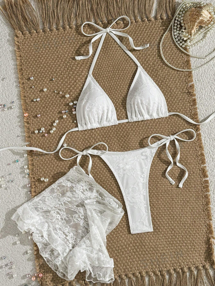 Damen Spitzen-Bikini mit floralem Design und fließendem Rock Drune