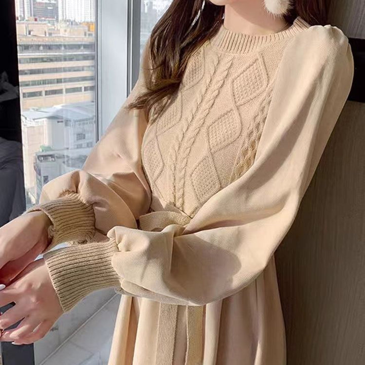 Damen Strickkleid mit strukturiertem Oberteil und Puffärmeln Drune