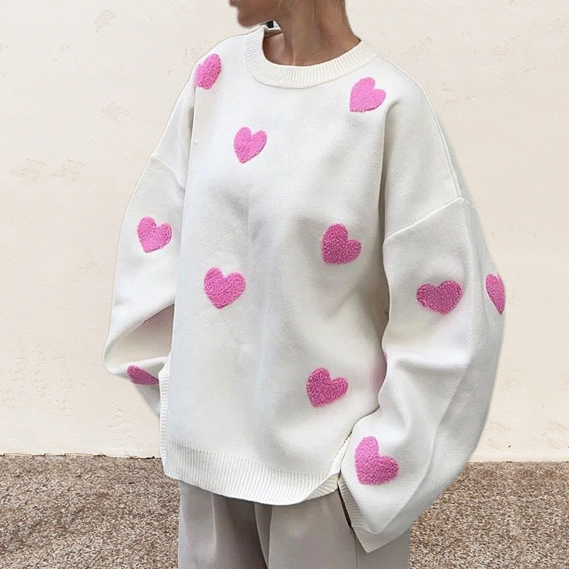 Damen Oversize-Feinstrickpullover mit Allover-Herzintarsien und überschnittenen Schultern Drune
