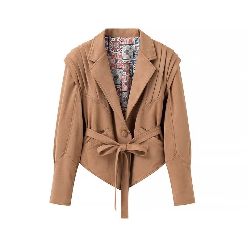Damen nan taillierte Veloursoptik Blazerjacke mit Bindegürtel, betonter Schulter und gemusterter Innenfütterung Drune