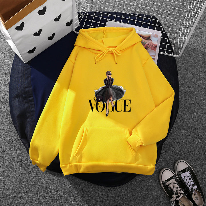 Damen nan modischer Kapuzenpullover mit Fashion-Illustration, geräumiger Eingrifftasche und kuscheligem Fleece Drune