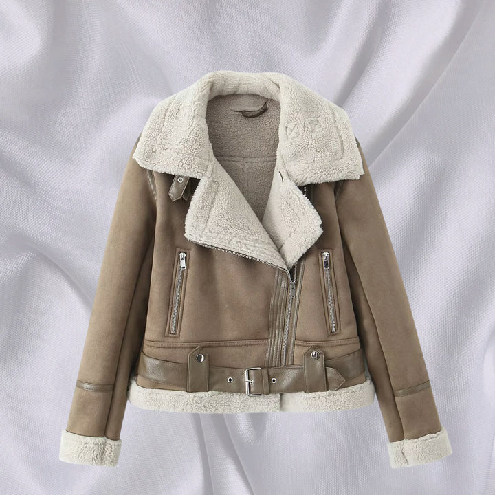 Damen Kurz geschnittene Lammfellimitat-Bikerjacke mit asymmetrischem Reißverschluss, Gürtel und Teddyfutter Drune