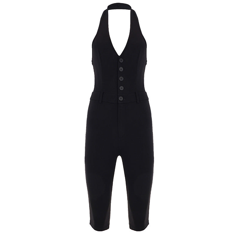 Damen figurbetonter Jumpsuit mit elegantem Halterneck und Knopfleiste Drune