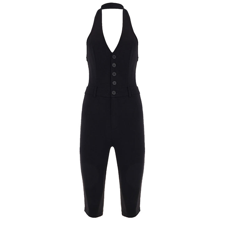 Damen figurbetonter Jumpsuit mit elegantem Halterneck und Knopfleiste Drune