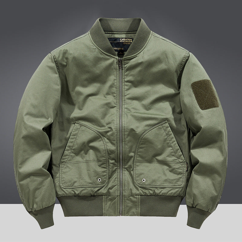 Men's  military-inspired heavyweight cotton bomber jacket with curved flap utility pockets and sleeve velcro patch Drune