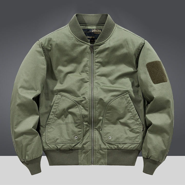 Men's  military-inspired heavyweight cotton bomber jacket with curved flap utility pockets and sleeve velcro patch Drune