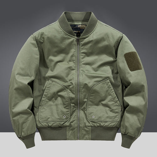 Men's  military-inspired heavyweight cotton bomber jacket with curved flap utility pockets and sleeve velcro patch Drune