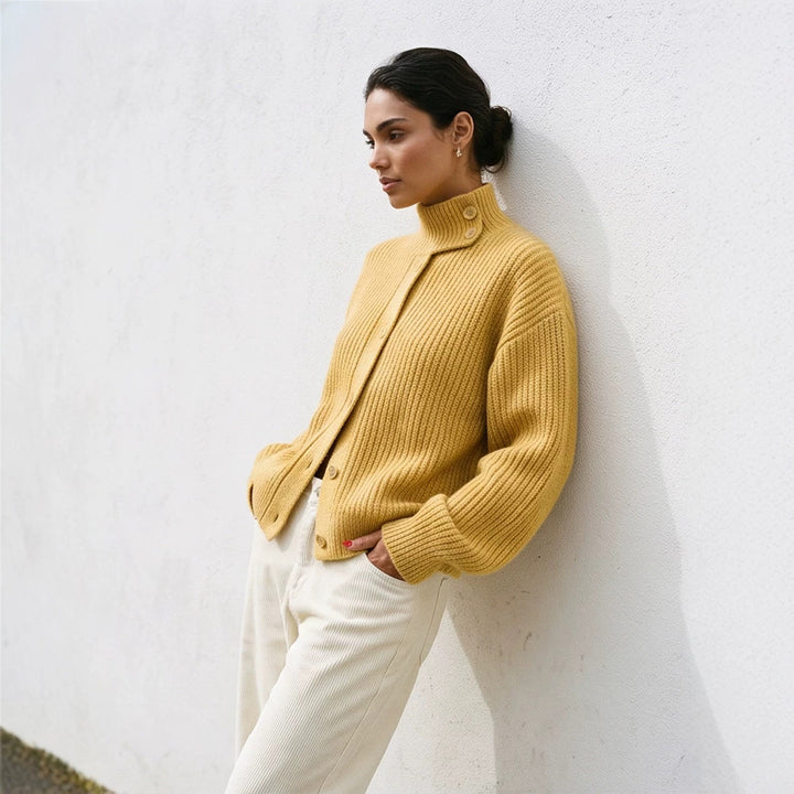 Damen Oversize-Strickjacke mit Rippenstruktur und Stehkragen Drune