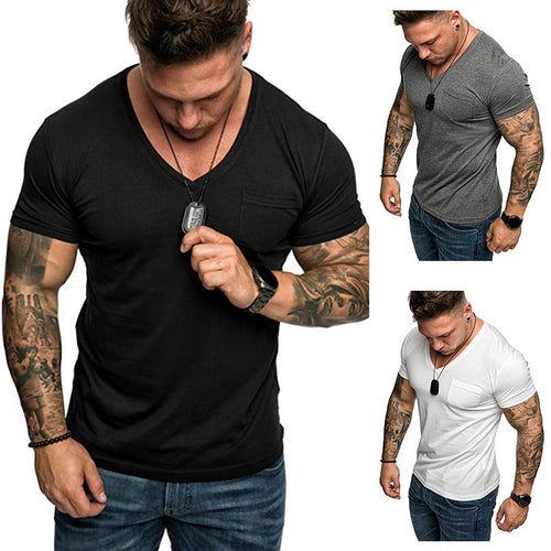 Herren V-Ausschnitt T-Shirt aus weicher Baumwolle mit Brusttasche Drune