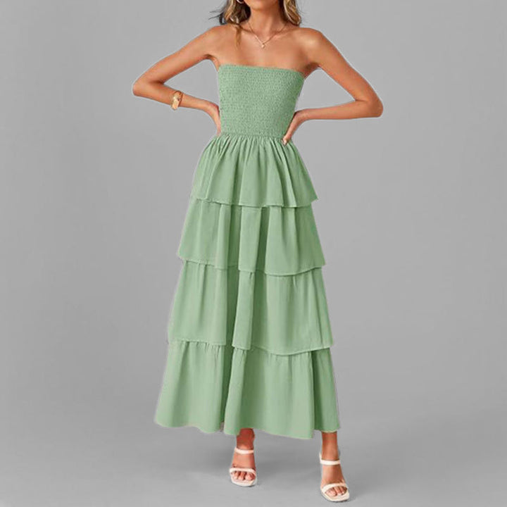 Damen Maxikleid mit schulterfreiem Design und voluminösem Stufenrock Drune