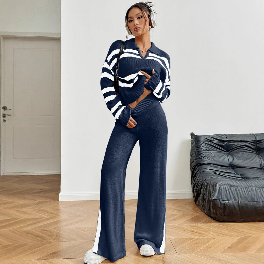 Damen Lässiges Strick-Outfit mit Polo-Kragen und gestreiftem Design Drune