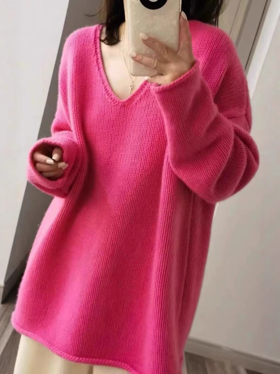 Damen Oversize V‑Ausschnitt Pullover im Mohair‑Look mit überschnittener Schulter und gerundetem Saum Drune