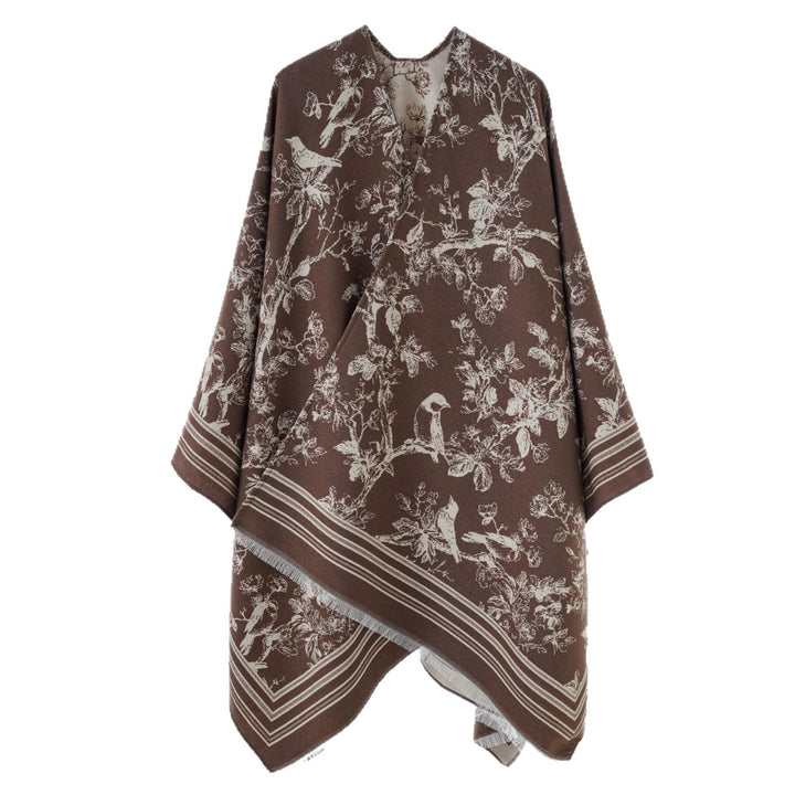 Damen Offener Jacquard‑Kaftanponcho mit Vogel‑ und Blumenmotiv Drune