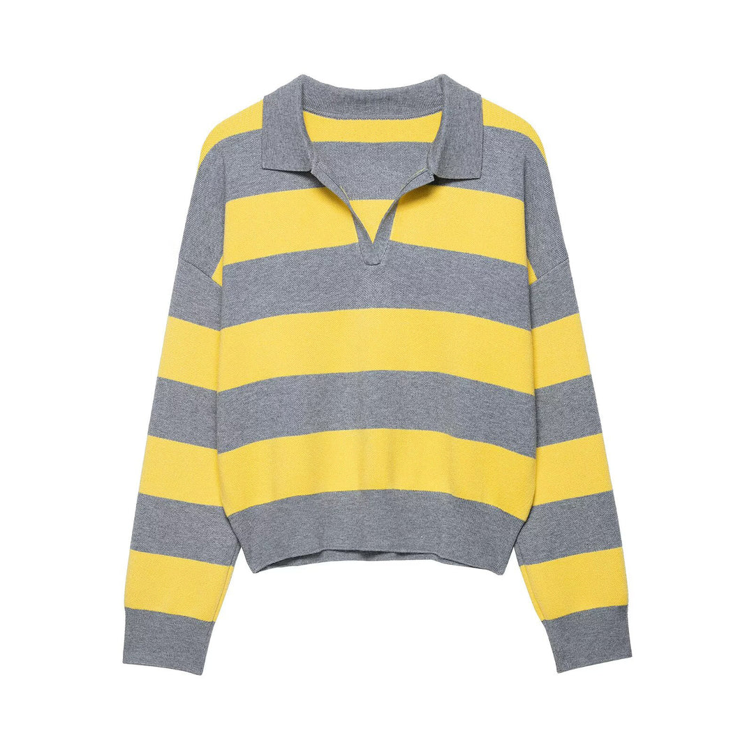 Damen Gestreifter Rugby-Polo-Pullover mit V-Notch und Cropped-Saum Drune