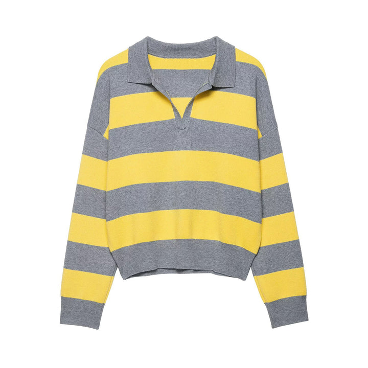 Damen Gestreifter Rugby-Polo-Pullover mit V-Notch und Cropped-Saum Drune