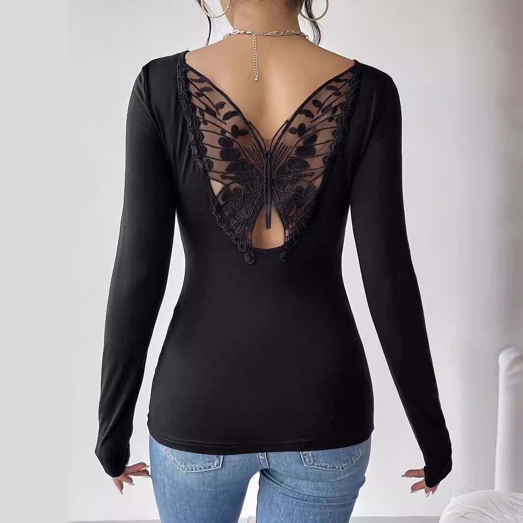 Damen nan eng anliegendes Langarmtop mit tiefer Rückenöffnung und besticktem Schmetterlings-Spitzeneinsatz Drune