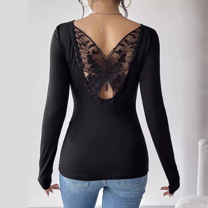 Damen nan eng anliegendes Langarmtop mit tiefer Rückenöffnung und besticktem Schmetterlings-Spitzeneinsatz Drune