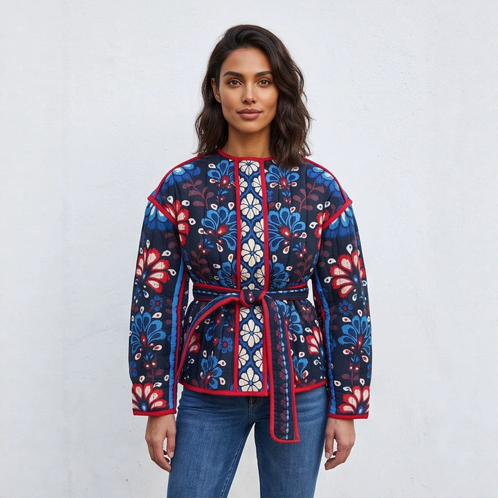 Damen Taillierte gestepptte Jacquard‑Baumwolljacke mit folklorem Blumenmuster & Bindegürtel Drune