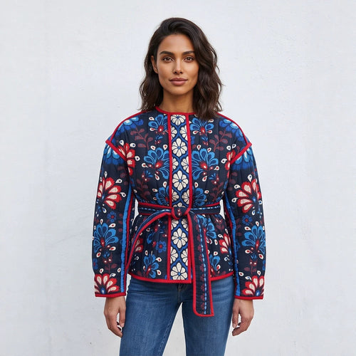 Damen Taillierte gestepptte Jacquard‑Baumwolljacke mit folklorem Blumenmuster & Bindegürtel Drune