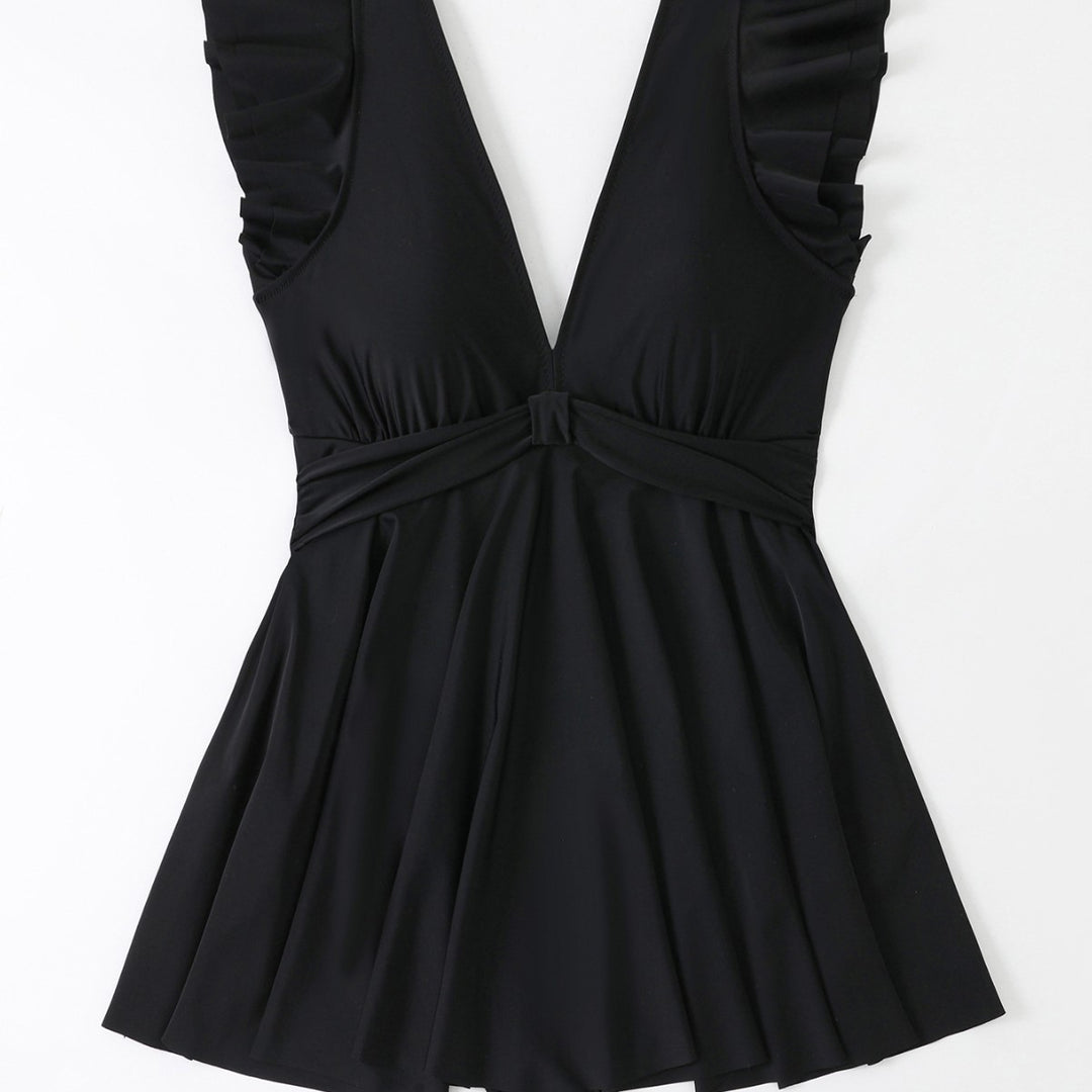 Damen Strandkleid mit leichtem V-Ausschnitt und voluminösen Rüschendetails Drune