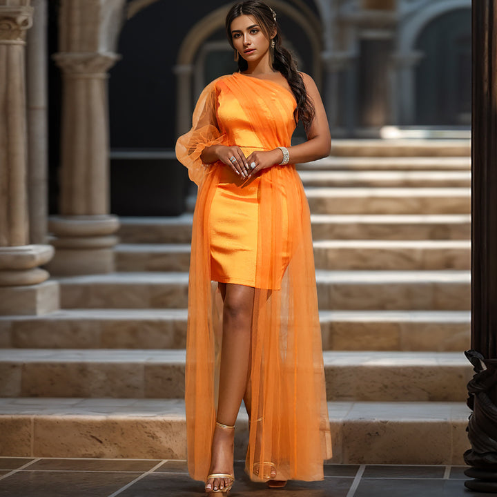 Damen elegantes One-Shoulder Kleid mit transparentem Tüllüberwurf Drune