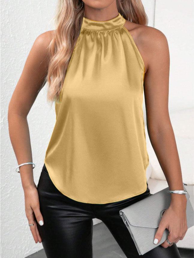 Damen Elegantes Satin Top mit hochgeschlossenem Kragen Drune