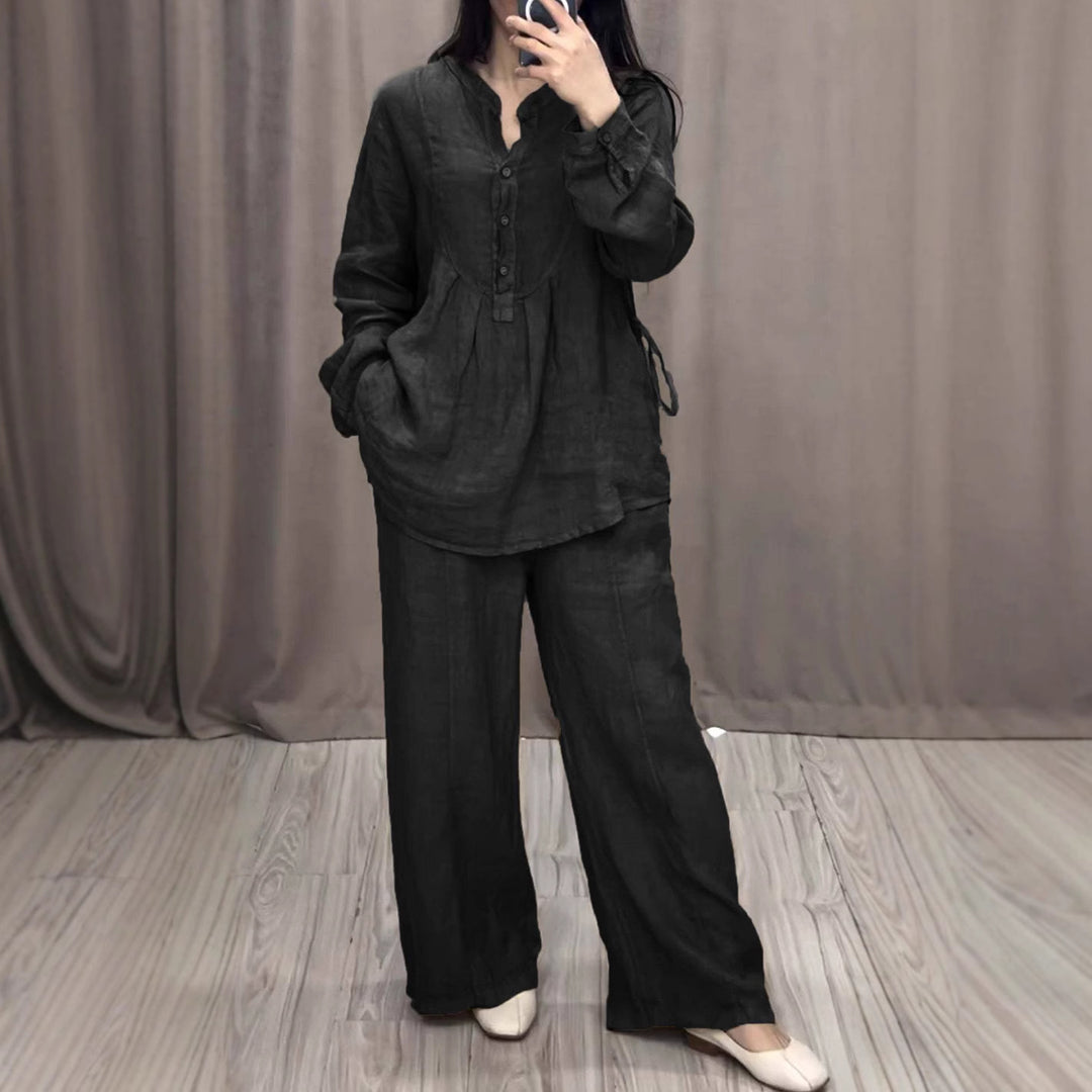 Damen nan lässiges Leinen-Set Tunika mit weitem Bein, Knopfleiste und Seitentaschen Drune