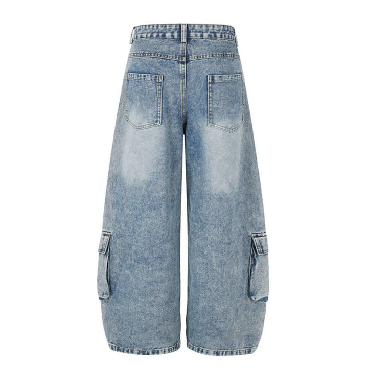 Damen Hochgeschnittene weite Cargo-Palazzo-Jeans mit großen aufgesetzten Taschen und Vintage-Waschung Drune