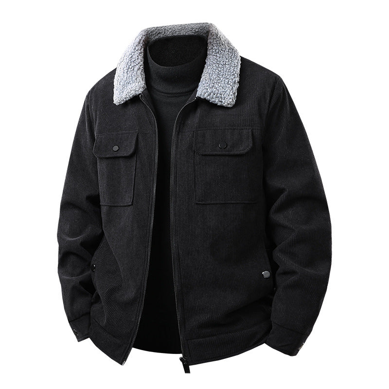 Herren Kord-Workjacke mit Sherpa-Kragen, verdecktem Reißverschluss und Multifach-Brusttaschen Drune