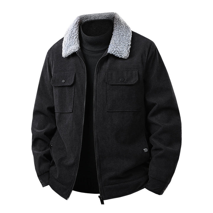 Herren Kord-Workjacke mit Sherpa-Kragen, verdecktem Reißverschluss und Multifach-Brusttaschen Drune