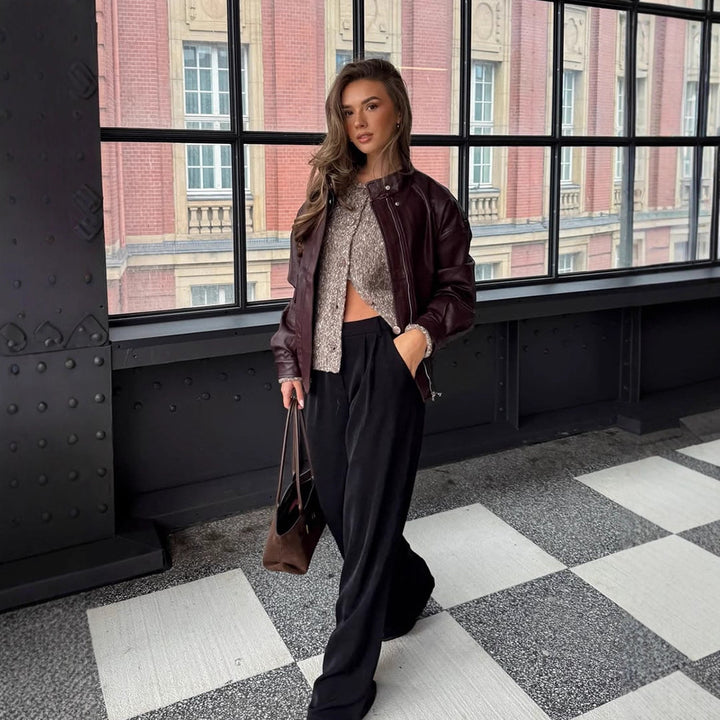 Damen Oversize Lederimitat-Blouson mit Sherpa-Futter, praktischen Pattentaschen & Zweiwege-Reißverschluss Drune