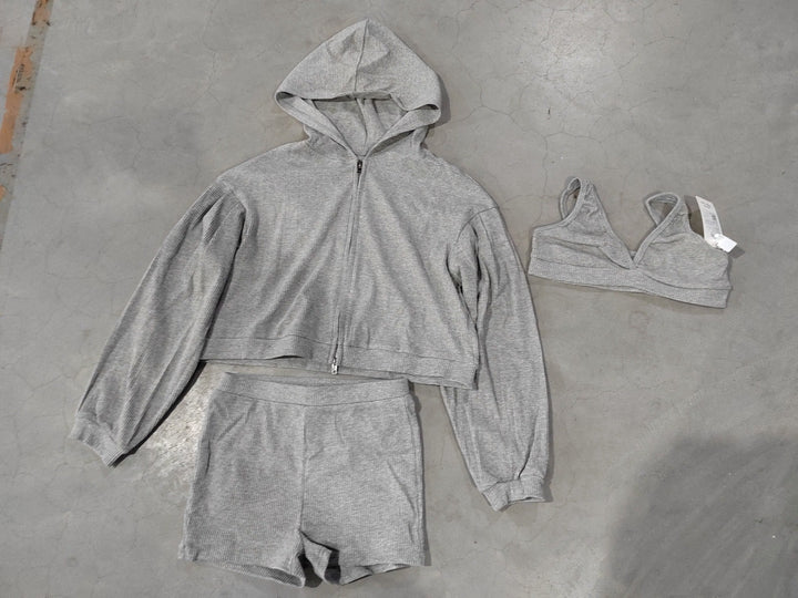 Damen nan kurzes geripptes Lounge-Set mit Kapuzen-Zipjacke und Highwaist-Shorts Drune