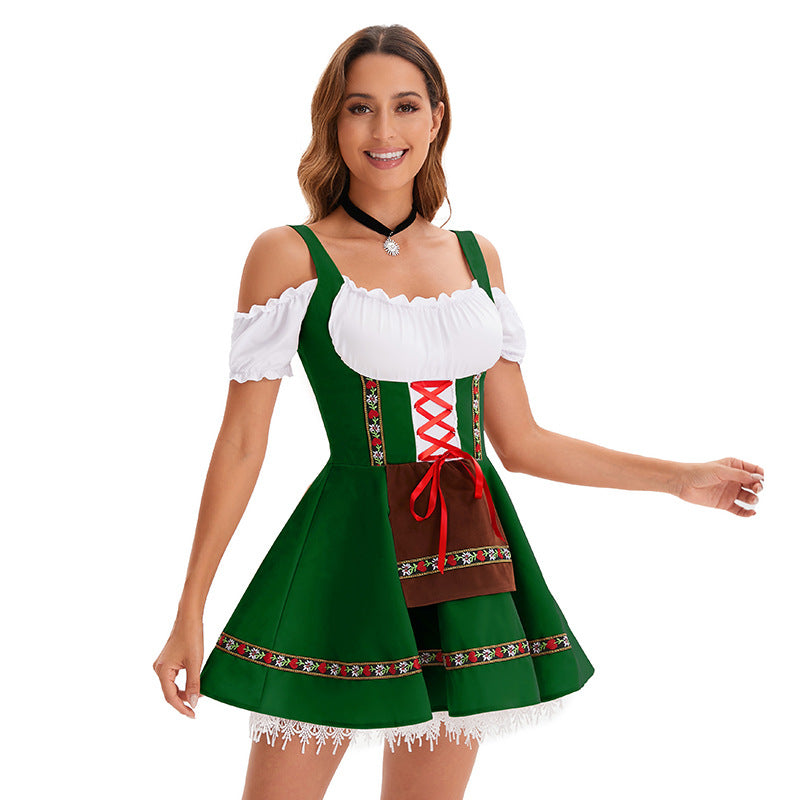 Damen nan traditionelles Oktoberfest Dirndl Minikleid mit Schnürung und abnehmbarer Schürze Drune