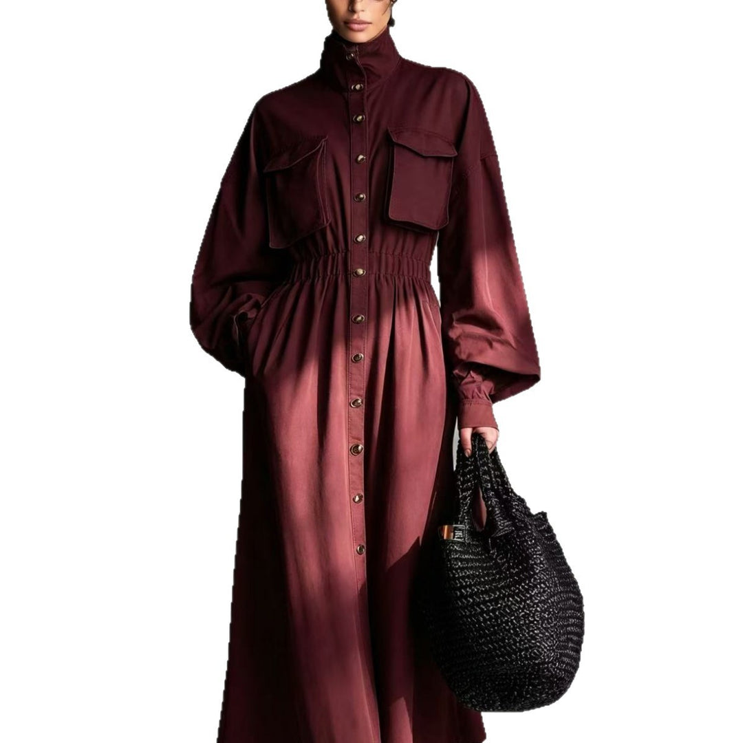Damen Elegantes Hemdkleid mit Taschen und Taillengürtel Drune