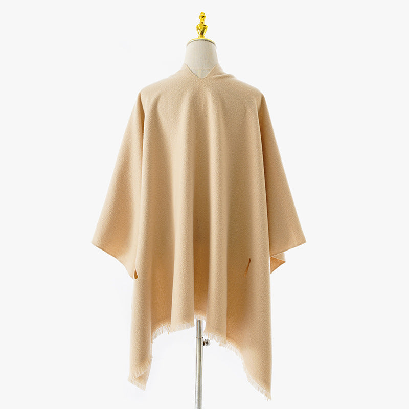 Damen Weichfallender Strick‑Wickelponcho mit Bindegürtel und Fransensaum Drune