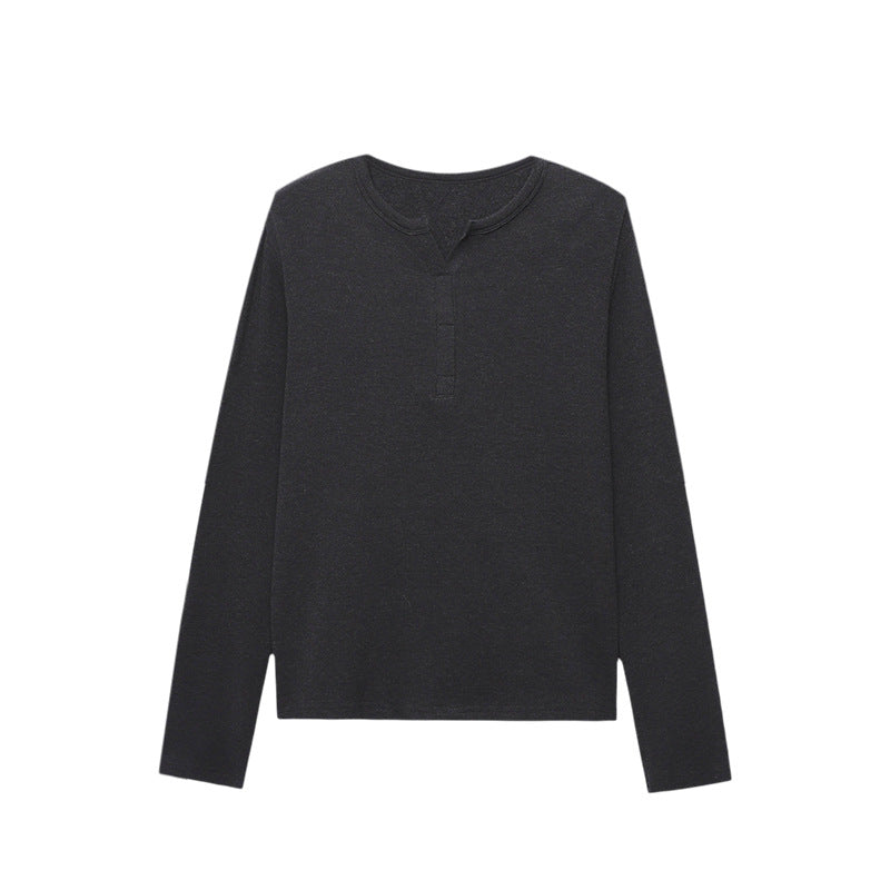 Damen langärmliges Henley-Oberteil mit elegantem V-Ausschnitt und feiner Rippstruktur Drune