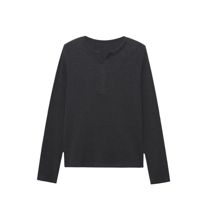 Damen langärmliges Henley-Oberteil mit elegantem V-Ausschnitt und feiner Rippstruktur Drune