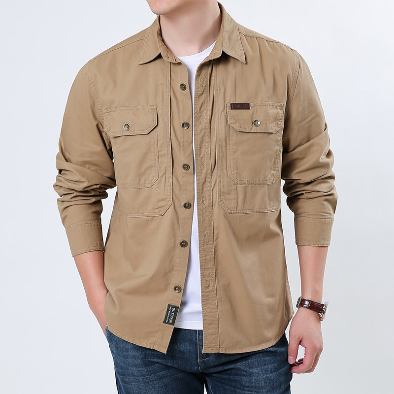 Herren nan lässige Utility-Hemdjacke aus Baumwoll-Twill mit zwei aufgesetzten Brusttaschen und knöpfbarer Front Drune