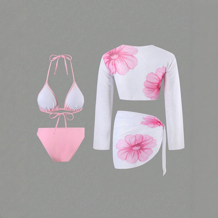 Damen Bikini-Set mit floralem Wickeltuch und langärmliger Oberteile Drune