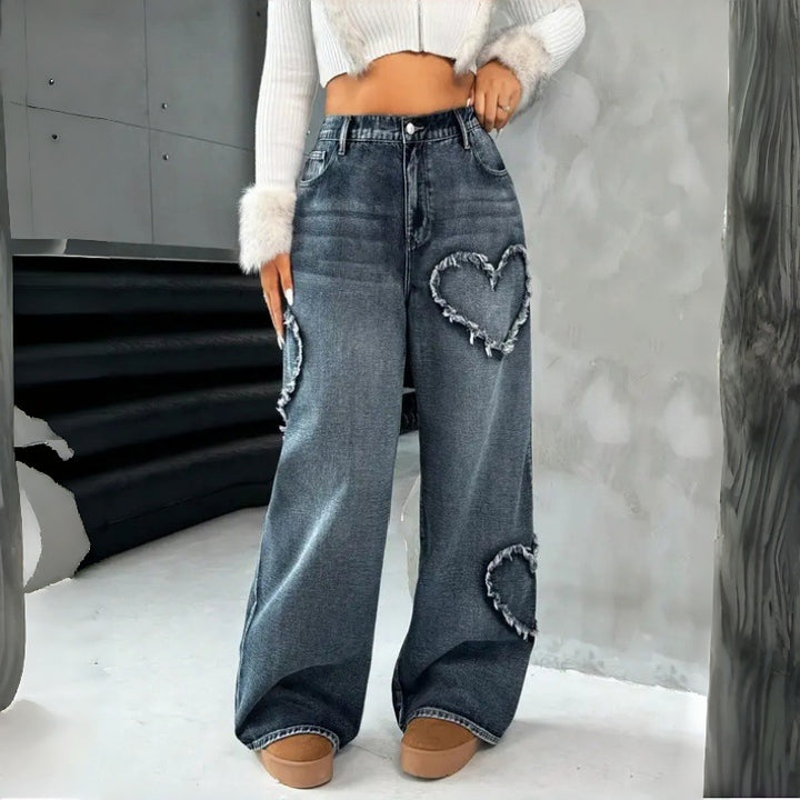 Damen Weite Jeans mit Herz-Stickerei und lässigem Schnitt Drune