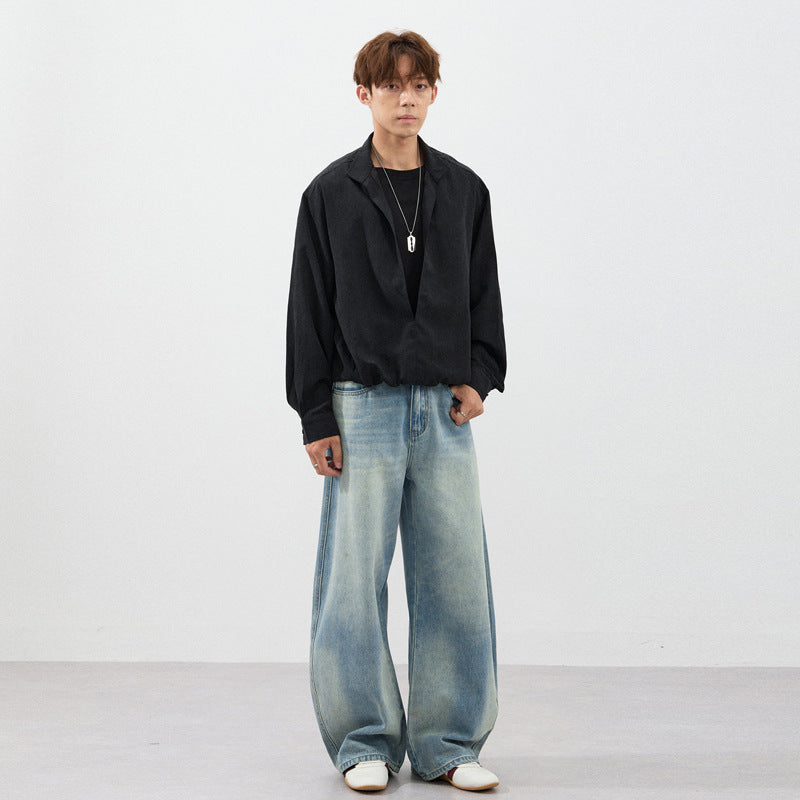 Herren Extraweite Zweiton-Denim-Palazzohose mit Block-Panelen und tiefem Schritt Drune