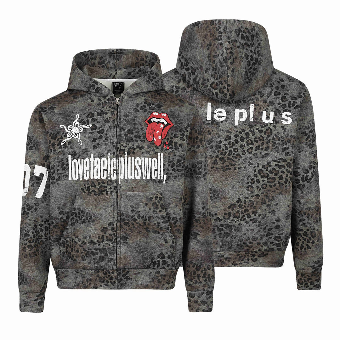 Damen Kapuzenjacke mit durchgehendem Reißverschluss, Leoparden-Print und großflächigen Grafik-Prints Drune
