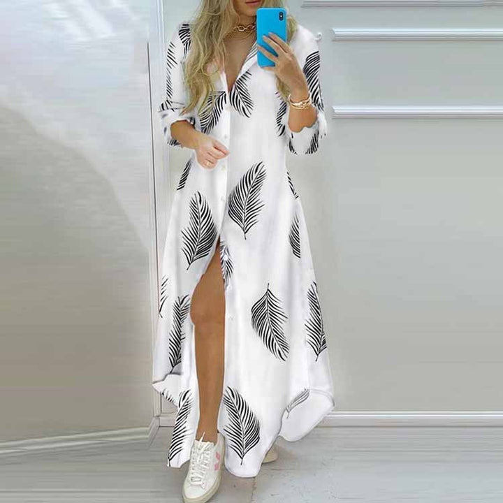 Damen Langarmhemdmaxikleid mit grafischem Muster und seitlichem Schlitz Drune