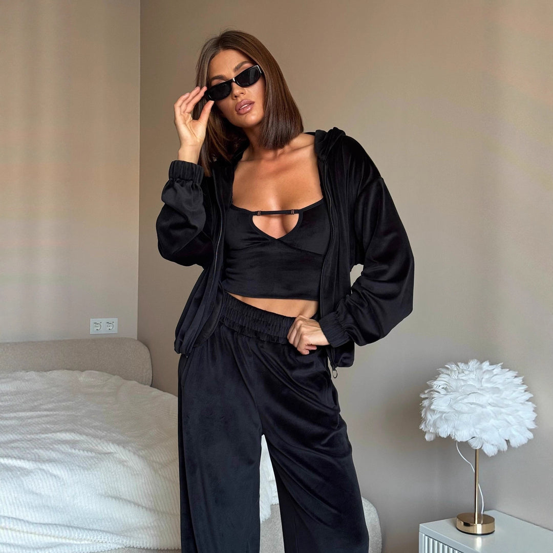 Damen Loungewear-Set mit leichtem Zip-Hoodie, elastischen Bündchen und weiten Palazzo-Hose Drune