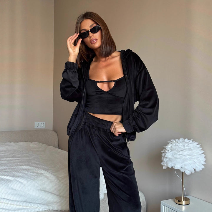 Damen Loungewear-Set mit leichtem Zip-Hoodie, elastischen Bündchen und weiten Palazzo-Hose Drune