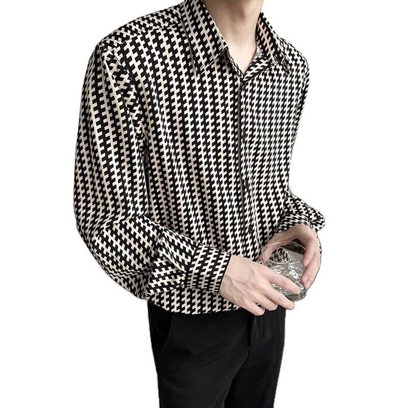 Herren Gemustertes Oversize-Hemd mit Hahnentritt-Motiv und klassischem Hemdkragen Drune