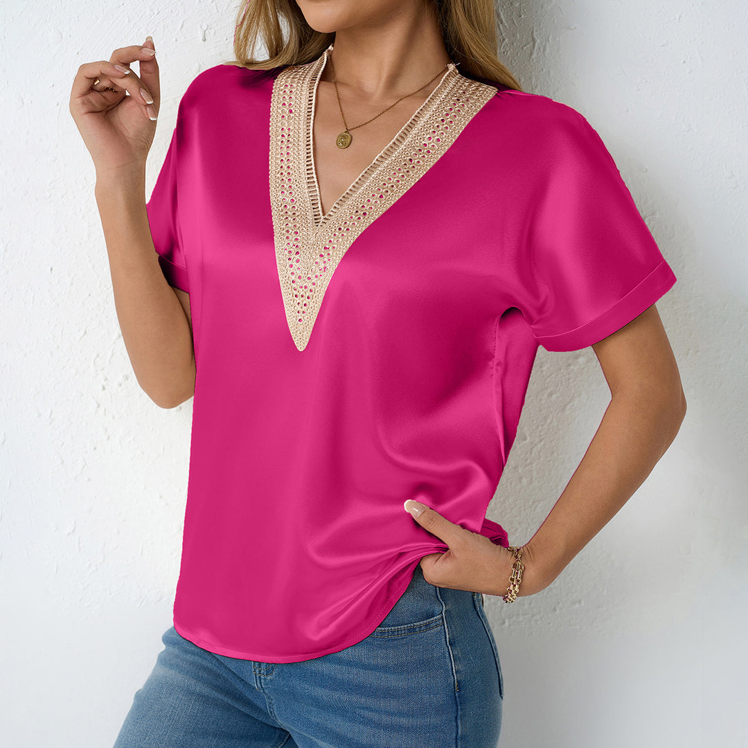Damen Elegantes Satinoberteil mit V-Ausschnitt und exquisitem Spitzenbesatz Drune
