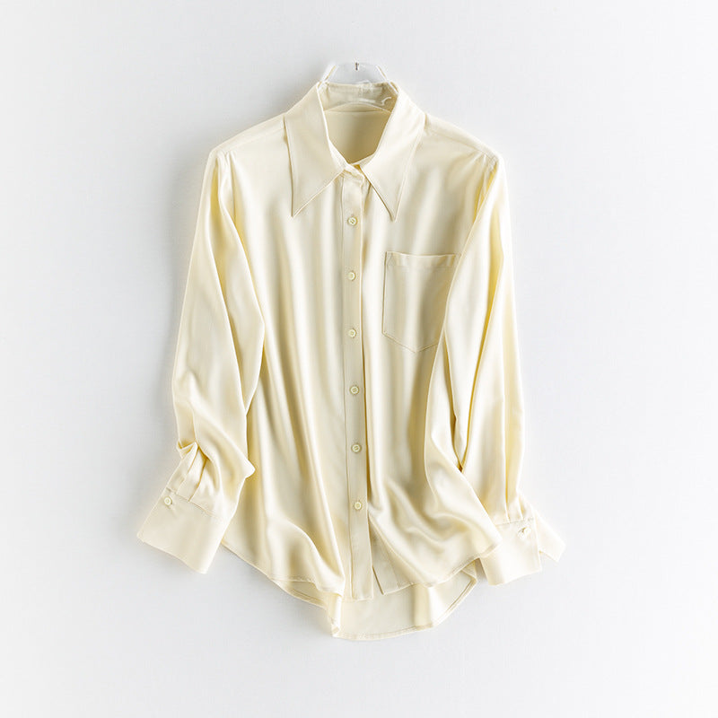 Damen seidenähnliche Oversize-Bluse mit spitzem Hemdkragen und Brusttasche Drune