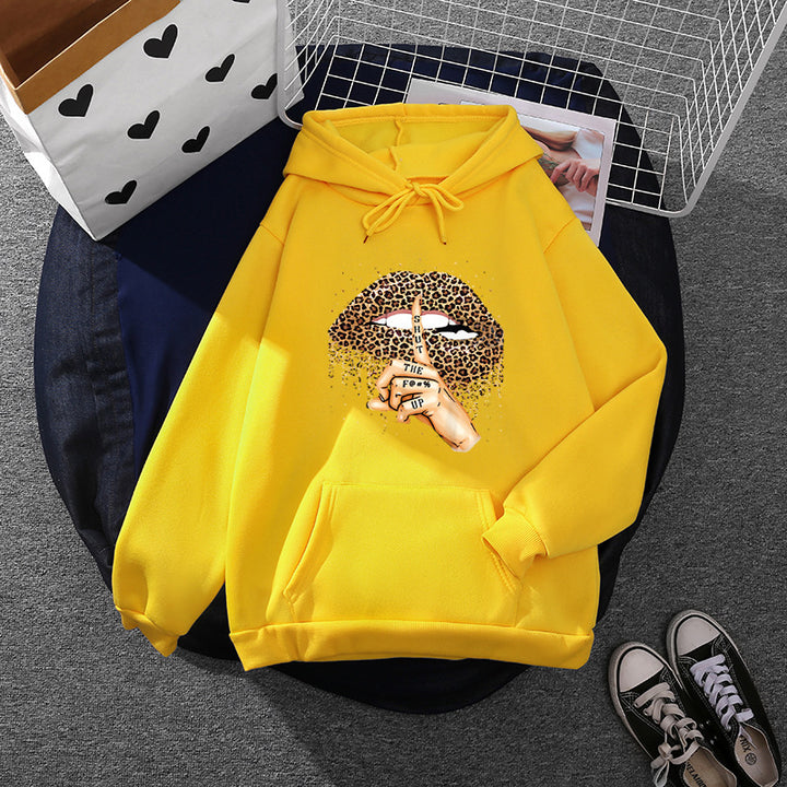 Damen nan oversized Fleece-Hoodie mit Leoparden-Lippen-Motiv, Kängurutasche und gerippten Bündchen Drune